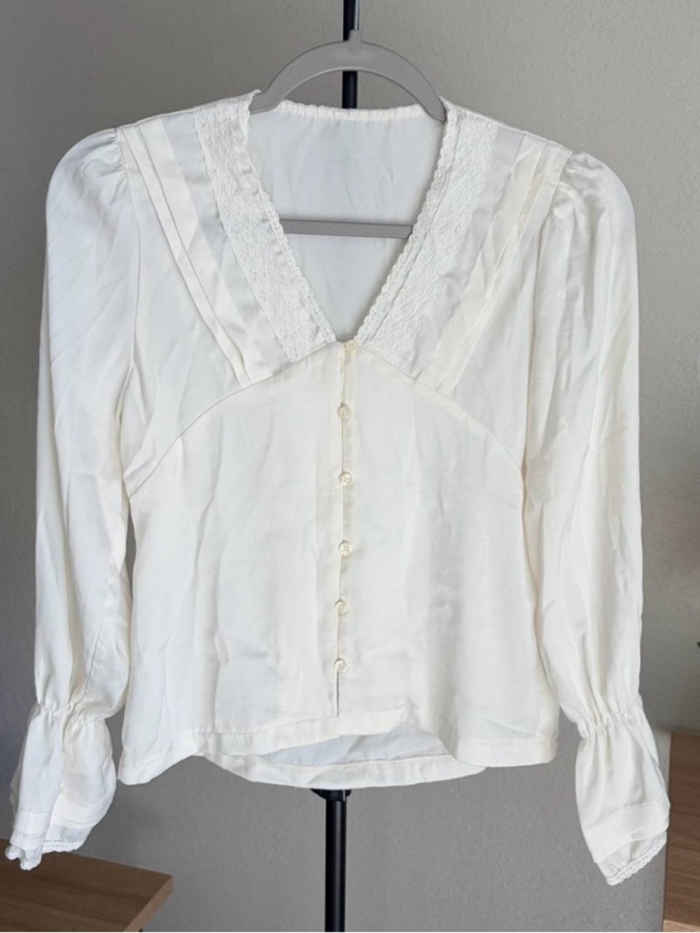 Ivory Long Sleeve Blouse with Lace-trimmed V-neck and Buttons